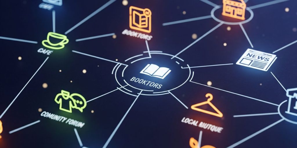 Una imagen conceptual de "redes" o "conexiones" entre diferentes iconos de negocios o webs locales.